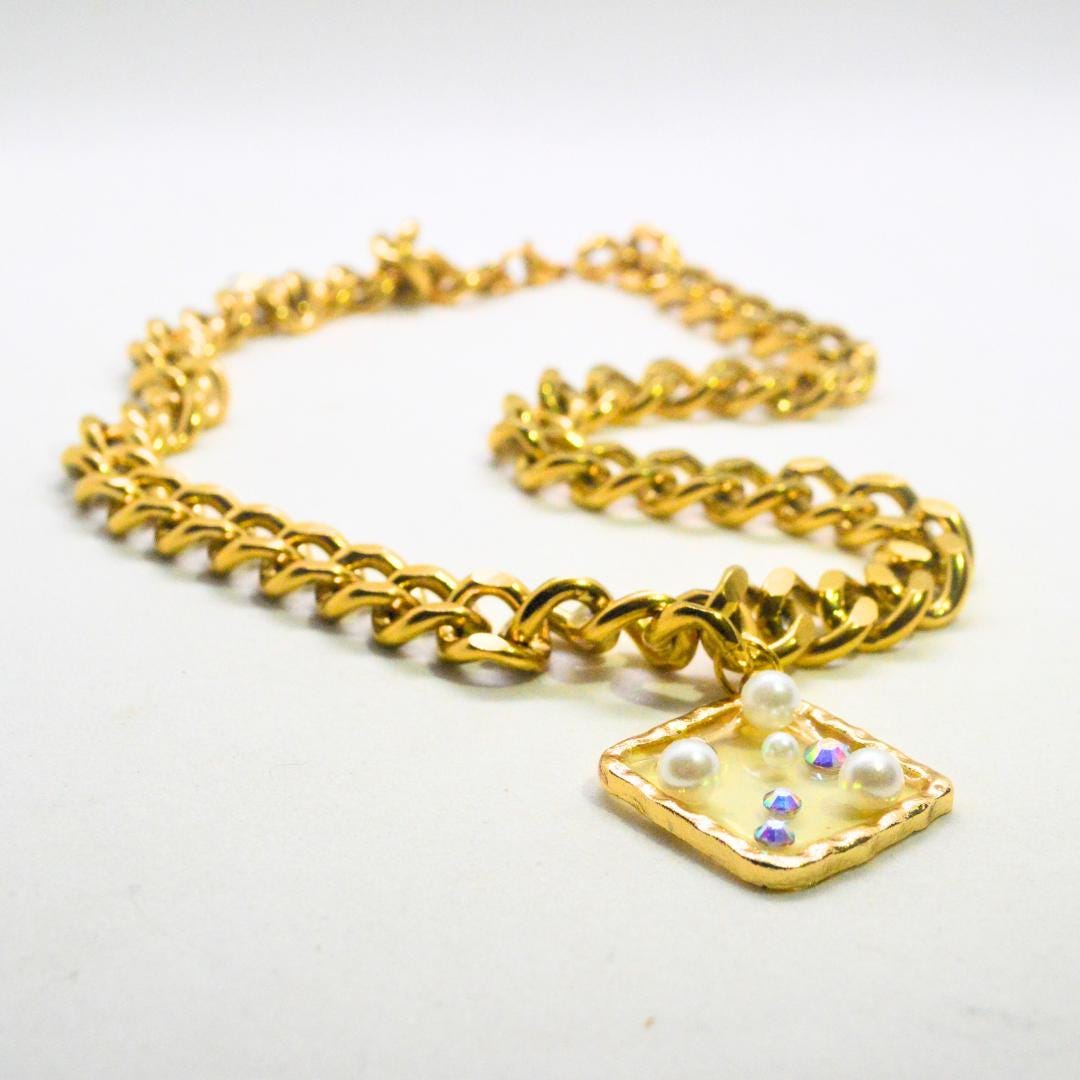 Pearl & Gem Thick Gold Necklace Square