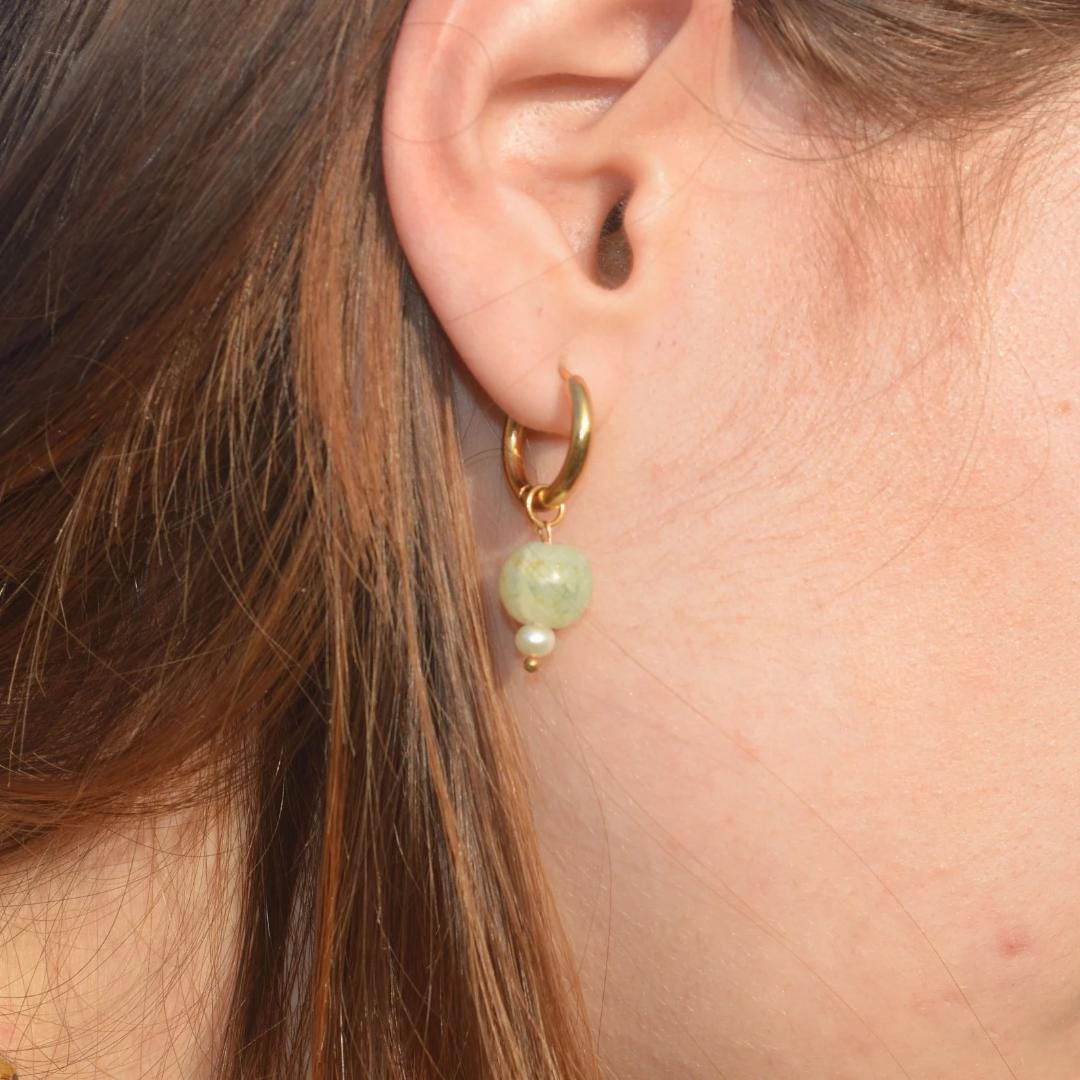 Vintage Green Pearl Gold Hoop Earrings