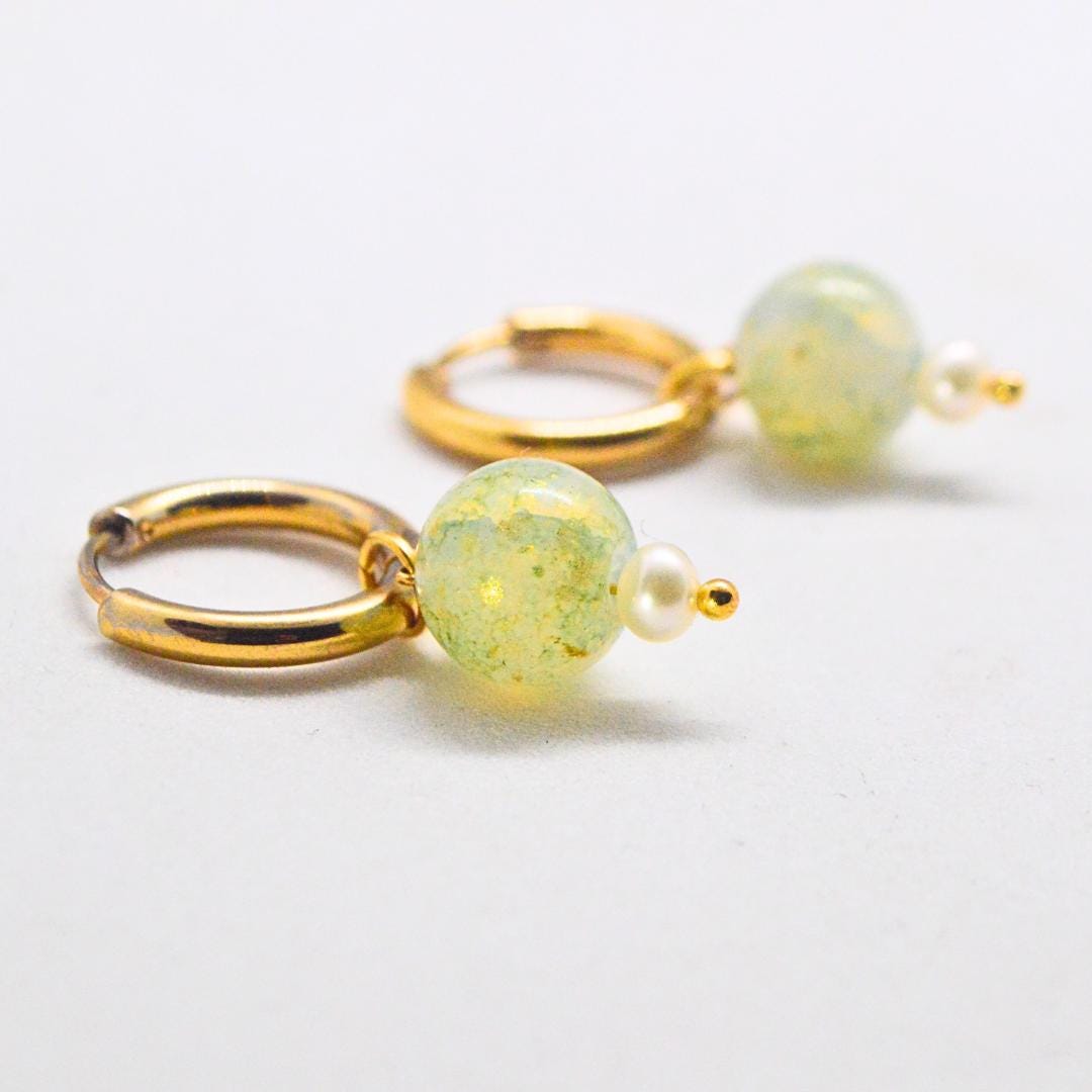 Vintage Green Pearl Gold Hoop Earrings