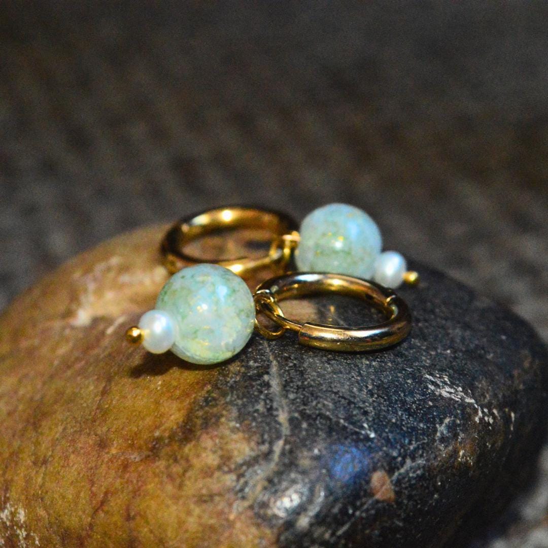 Vintage Green Pearl Gold Hoop Earrings