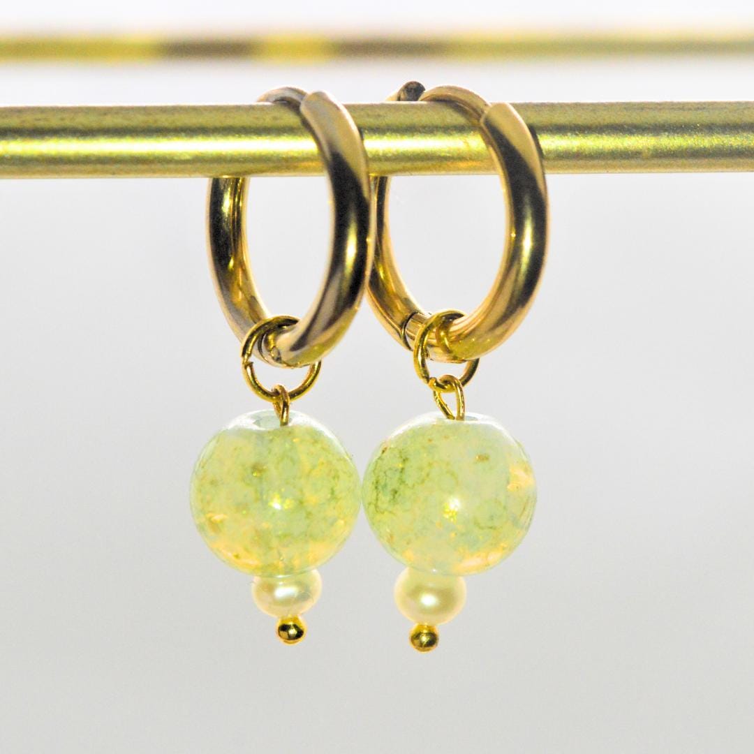 Vintage Green Pearl Gold Hoop Earrings