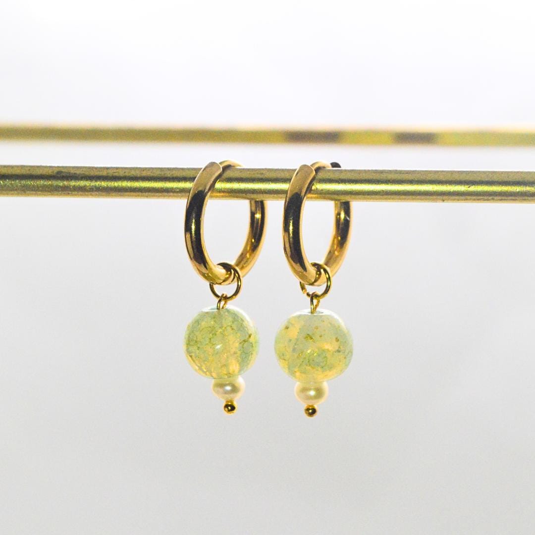 Vintage Green Pearl Gold Hoop Earrings