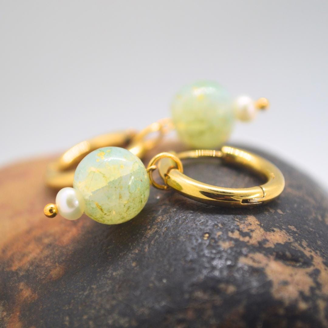Vintage Green Pearl Gold Hoop Earrings