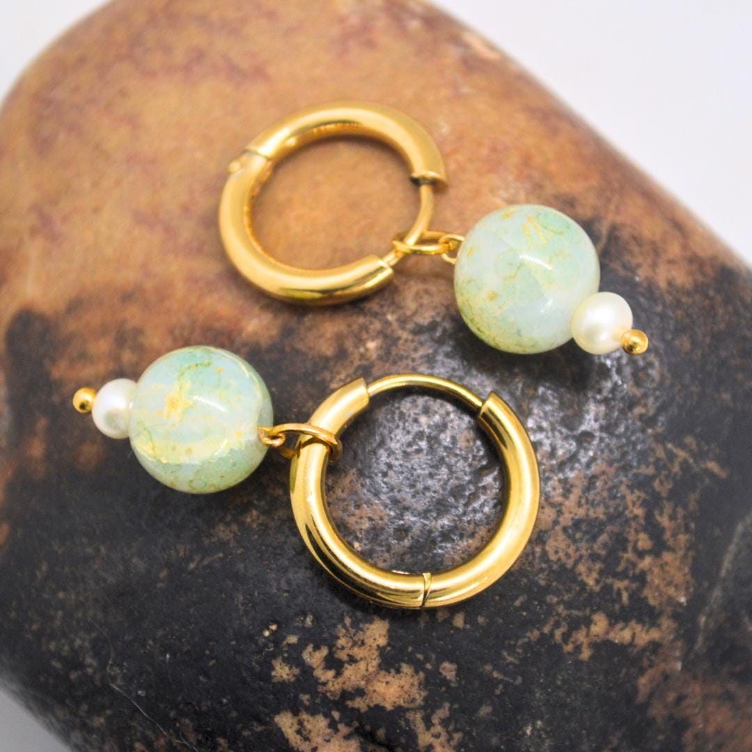Vintage Green Pearl Gold Hoop Earrings