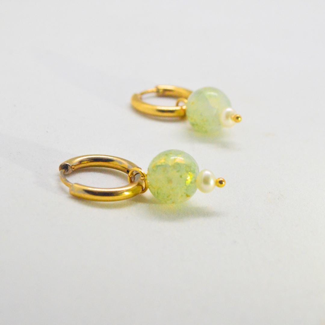 Vintage Green Pearl Gold Hoop Earrings