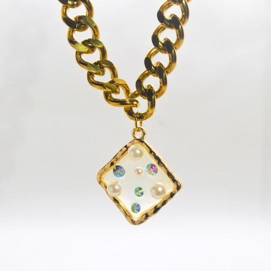 Pearl & Gem Thick Gold Necklace Square