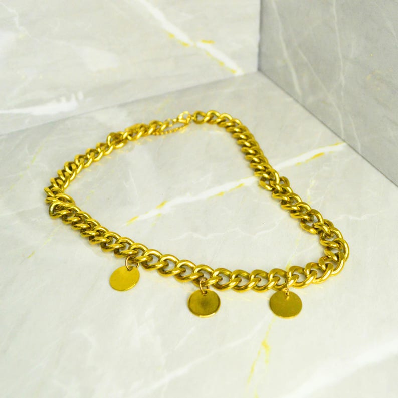 Gold chunky chain necklace with three round charms