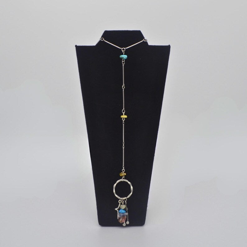 Multicoloured stone beaded necklace with three dangling charms